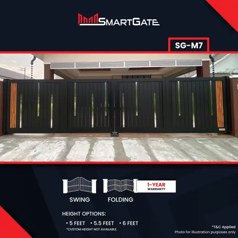 SmartGate SG-M7, black aluminium gate with stainless strips and wood-look ends