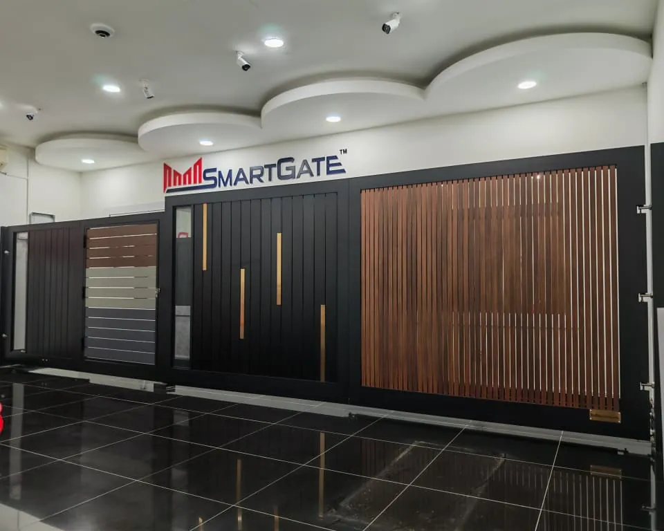 Inside the SmartGate showroom in Bandar Puteri, Puchong, with aluminium gate samples on display